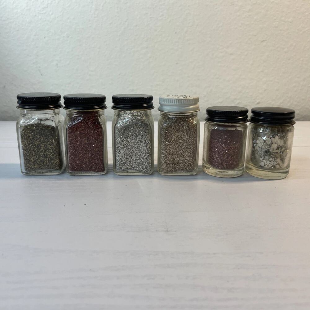 6 Vtg Hazel Atlas Glass Glitter Shaker Bottles Lot Square Round Metallic Jars